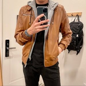 Zara Men Leather Bomber Jacket w/ Removable Hoodie